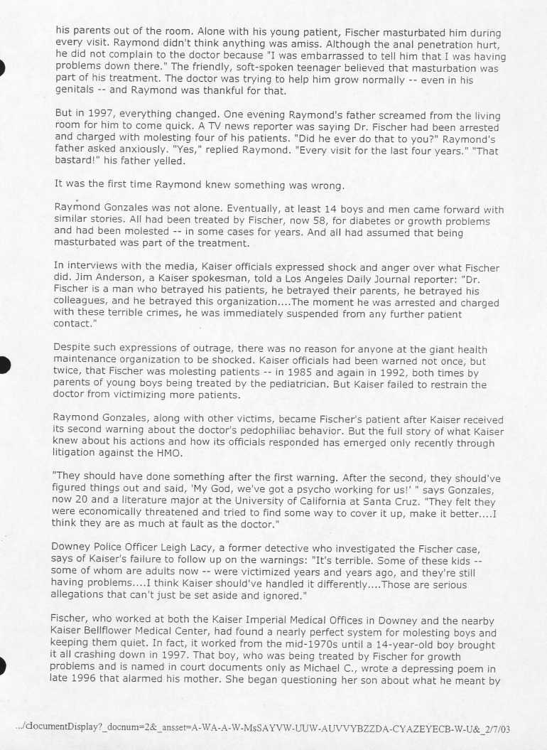 Kaiser's Dirty Little Secret Kaiser Bellflower Dr. Peter Fischer child molester by Susan Goldsmith